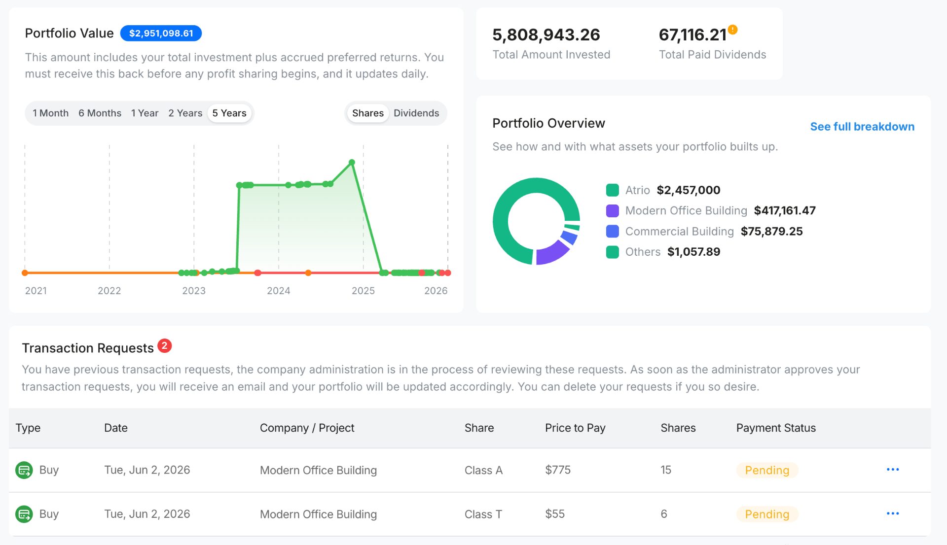 DigiShares investor site showing tokenized offerings and investor portfolio overview