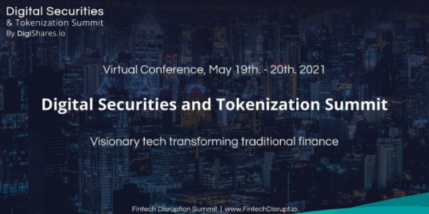 An advertisement for a virtual conference regarding securities and tokenization