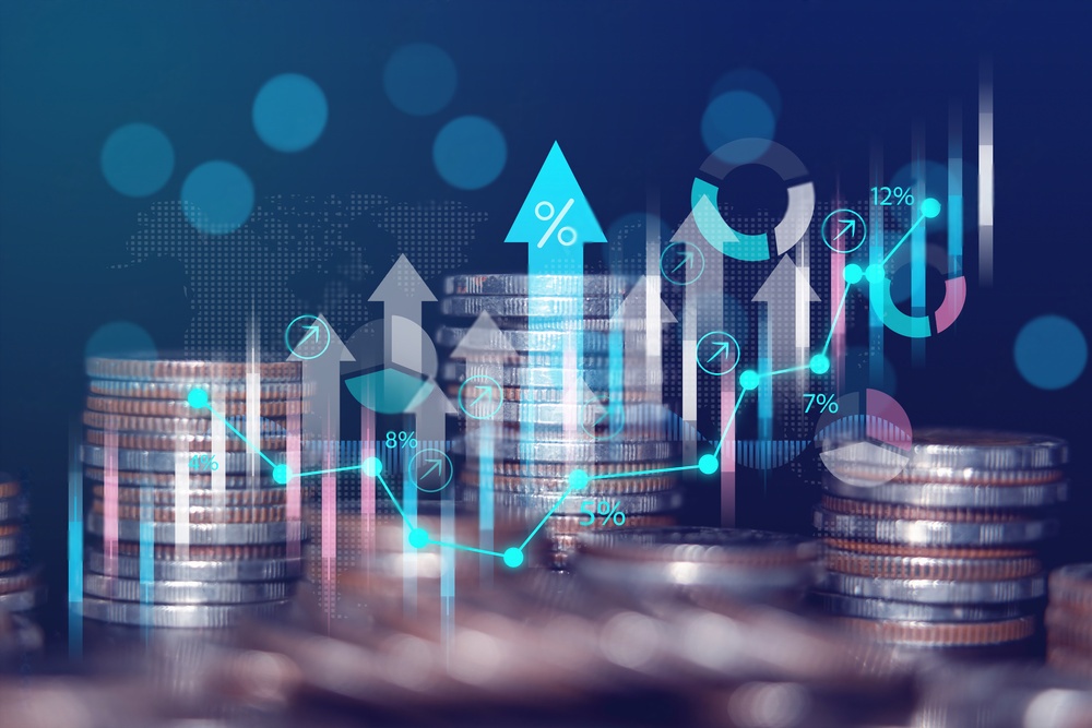 Coins and graphs showing financial growth with an upward arrow and a dollar sign symbolizing profit.